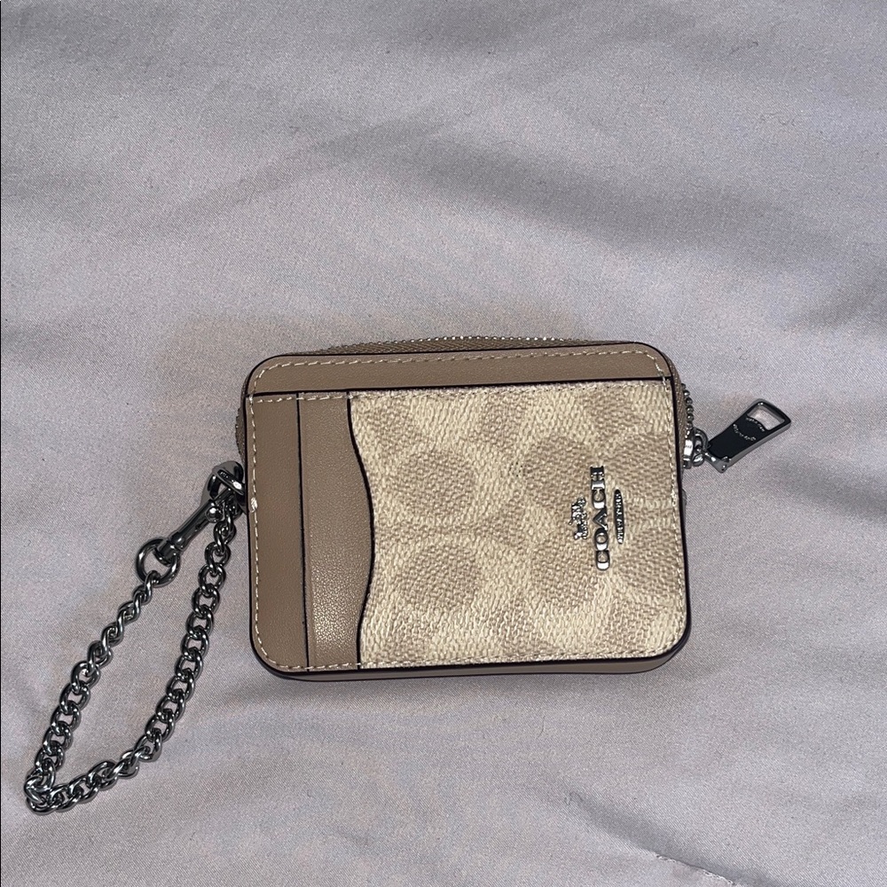 Coach Beige Signature Canvas Card Case Wristlet with Taupe Trim